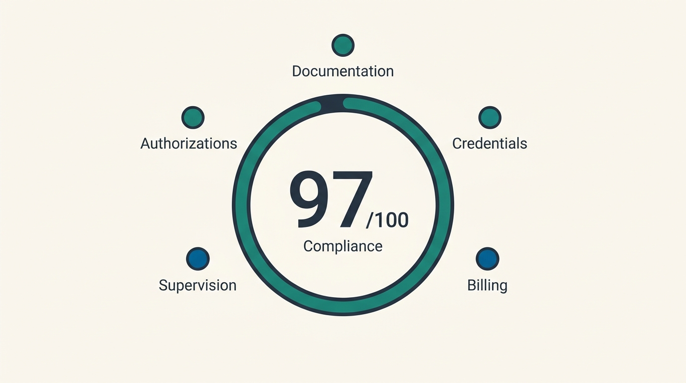 Illustrated 97 out of 100 compliance score gauge with five surrounding category dots: Authorizations, Documentation, Credentials, Billing, and Supervision
