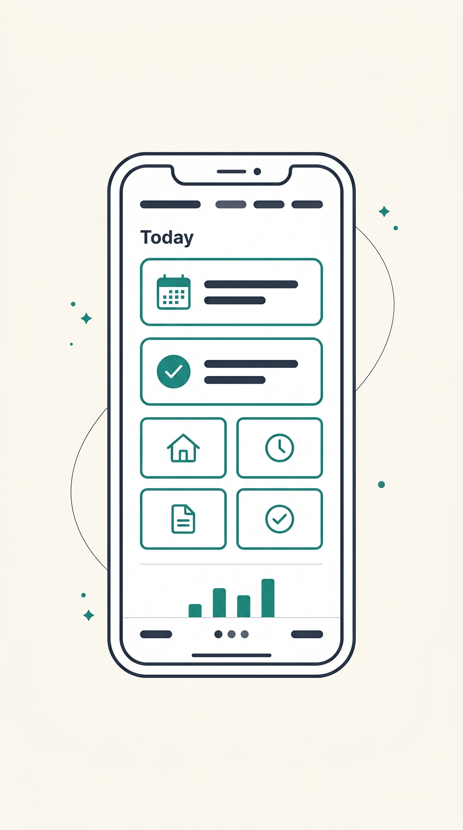 Illustrated phone mockup showing AraSync mobile dashboard with summary cards, quick action tiles, and a small bar chart