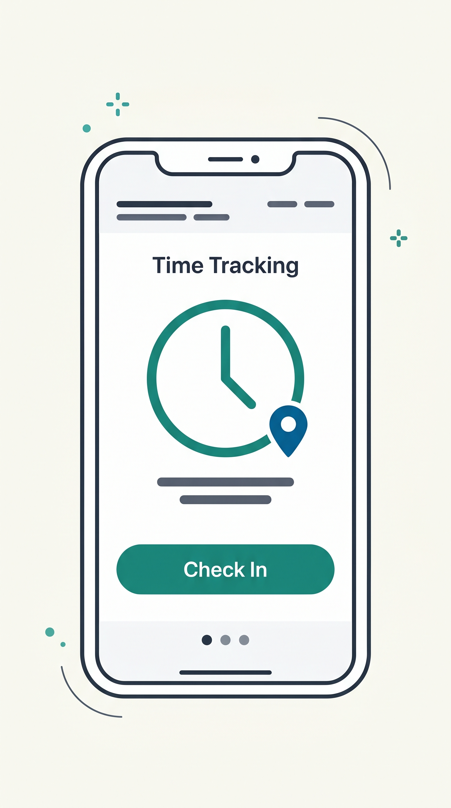 Illustrated phone mockup showing AraSync mobile time tracking with a clock icon, GPS pin, and Check In button