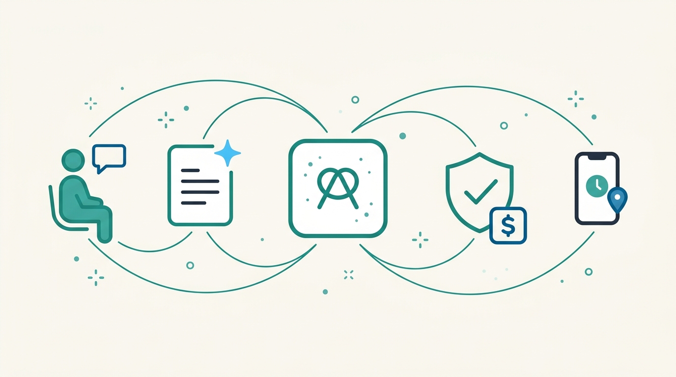 AraSync platform illustration: clinician at left, clinical document with AI compliance check, central platform core, compliance shield with billing, and mobile field ops phone — all linked by teal connection lines